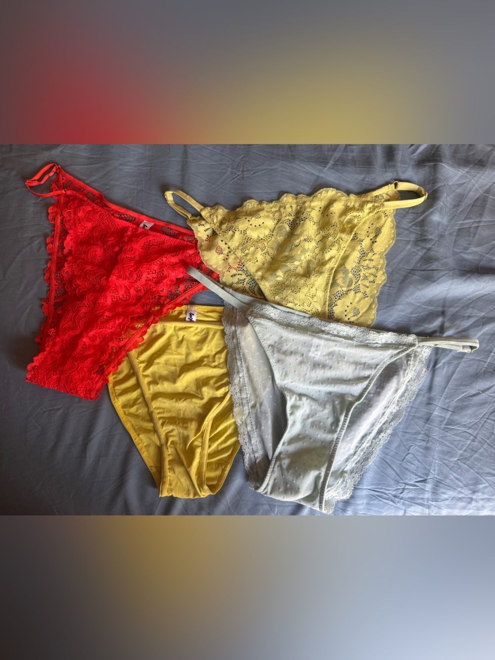 Lace & Cotton Bikini Panty Set - Red, Yellow, Cream